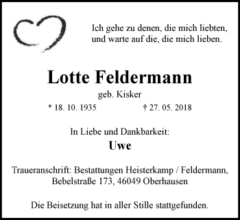 Traueranzeige von Lotte Feldermann von Wochen-Anzeiger Oberhausen