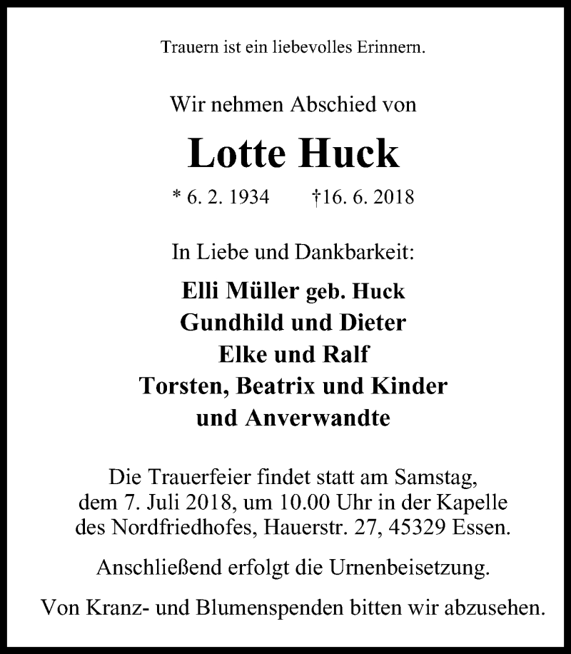  Traueranzeige für Lotte Huck vom 30.06.2018 aus Nord Anzeiger Essen