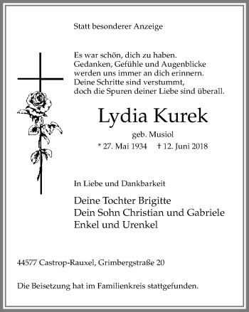 Traueranzeige von Lydia Kurek von Stadtanz.Castrop-Rauxel