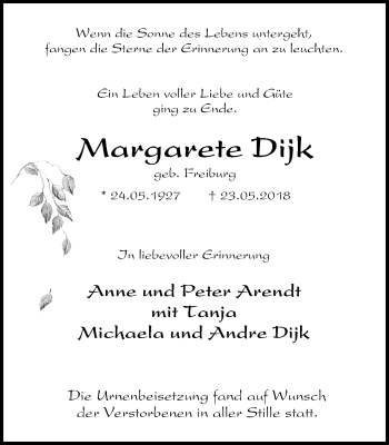 Traueranzeige von Margarete Dijk von Stadtspiegel Iserlohn + Hemer