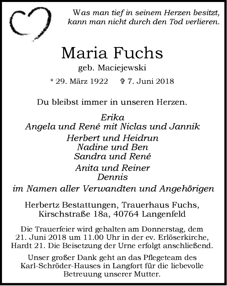 Traueranzeigen von Maria Fuchs TrauerinNRW.de