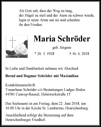 Traueranzeige von Maria Schröder von Stadtanz.Castrop-Rauxel