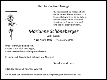 Traueranzeige von Marianne Schöneberger von Wochen-Anzeiger Langenfeld/Monheim/Hilden