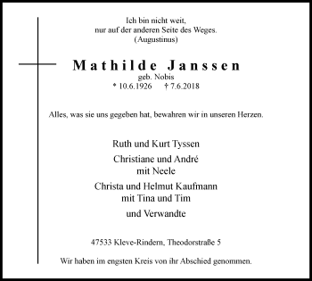 Traueranzeige von Mathilde Janssen von Klever Wochenblatt