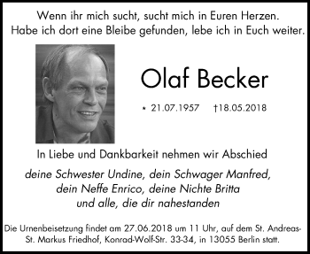 Traueranzeige von Olaf Becker von Mülheimer Woche