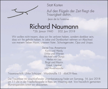 Traueranzeige von Richard Naumann von Stadtanzeiger Emmerich/Rees/Isselburg
