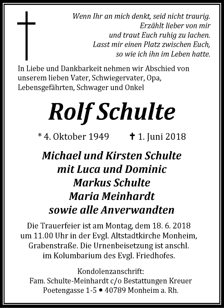  Traueranzeige für Rolf Schulte vom 16.06.2018 aus Wochen-Anzeiger Langenfeld/Monheim/Hilden