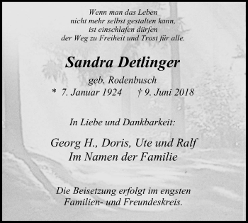 Traueranzeige von Sandra Detlinger von Wochen-Anzeiger Duisburg