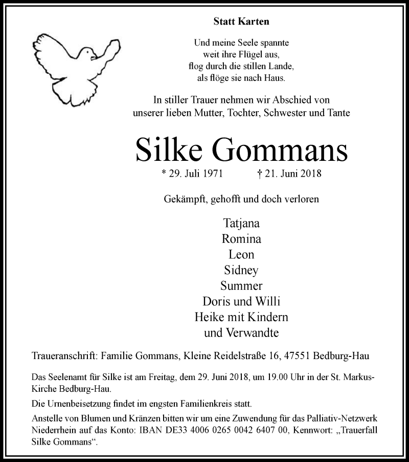  Traueranzeige für Silke Gommans vom 27.06.2018 aus Klever Wochenblatt