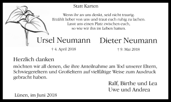 Traueranzeige von Ursel und Dieter Neumann von Lüner Anzeiger