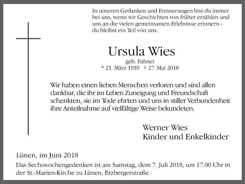  Traueranzeige für Ursula Wies vom 30.06.2018 aus Lüner Anzeiger