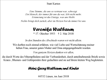 Traueranzeige von Veronika Walbaum von Lüner Anzeiger