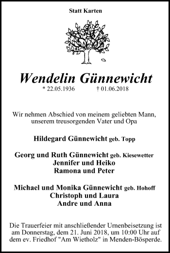 Traueranzeige von Wendelin Günnewicht von Stadtspiegel Menden + Froendenberg