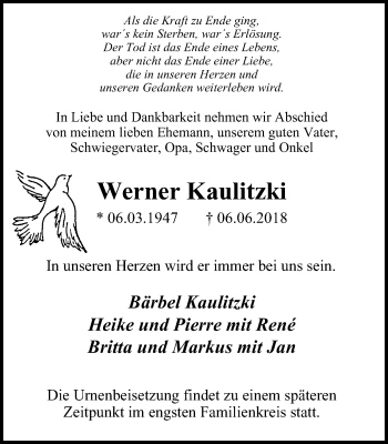 Traueranzeige von Werner Kaulitzki von Stadtspiegel Gladbeck