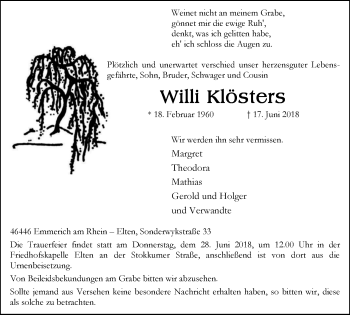 Traueranzeige von Willi Klösters von Stadtanzeiger Emmerich/Rees/Isselburg