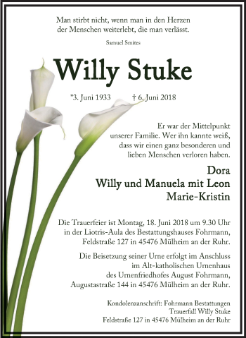 Traueranzeige von Willy Stuke von Mülheimer Woche