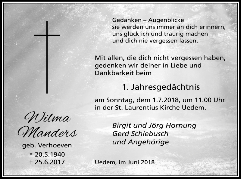  Traueranzeige für Wilm Manders vom 23.06.2018 aus Gocher Wochenblatt