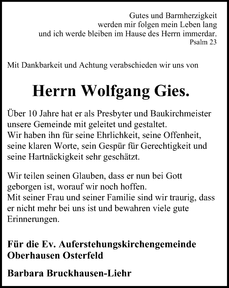  Traueranzeige für Wolfgang Gies vom 02.06.2018 aus Wochen-Anzeiger Oberhausen