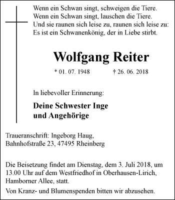 Traueranzeige von Wolfgang Reiter von Wochen-Anzeiger Oberhausen