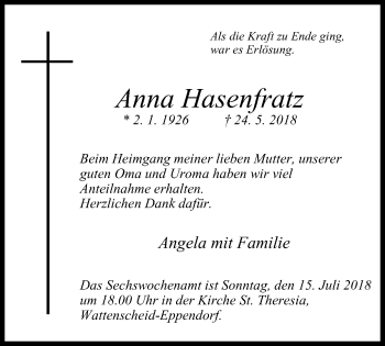 Traueranzeige von Anna Hasenfratz von Stadtspiegel Wattenscheid
