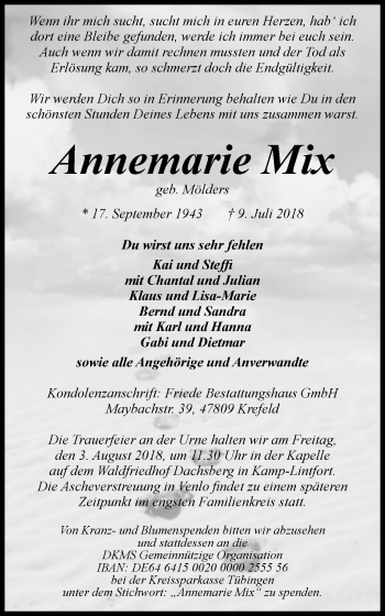 Traueranzeige von Annemarie Mix von Wochen-Magazin Moers + Kamp-L. + Neuk-Vluyn