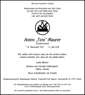 Traueranzeige von Anton Toni Maurer von Klever Wochenblatt