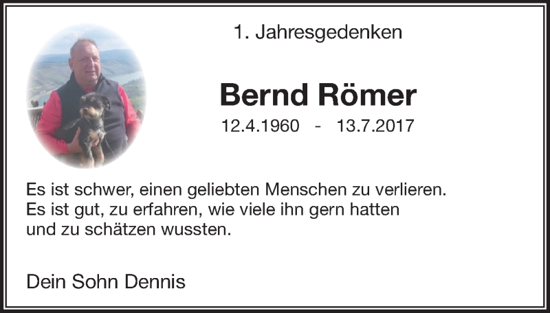  Traueranzeige für Bernd Römer vom 14.07.2018 aus Witten aktuell