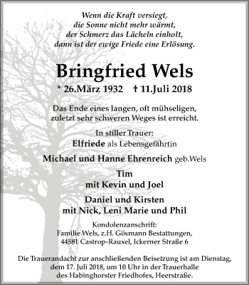 Traueranzeige von Bringfried Wels von Stadtanz.Castrop-Rauxel