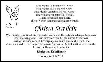 Traueranzeige von Christa Streilein von Stadtspiegel Bottrop
