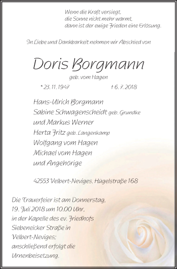 Traueranzeige von Doris Borgmann von Stadtanzeiger Velbert + Heiligenhaus