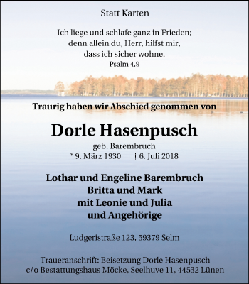 Traueranzeige von Dorle Hasenpusch von Lüner Anzeiger
