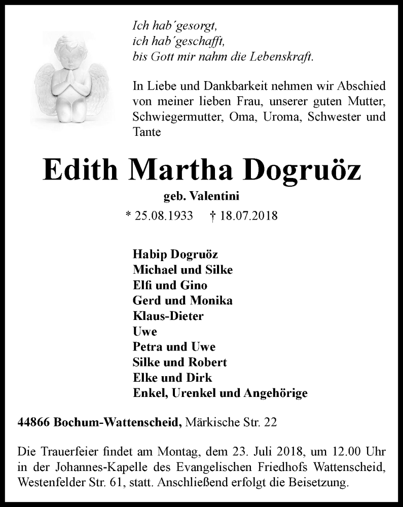  Traueranzeige für Edith Martha Dogruöz vom 21.07.2018 aus Stadtspiegel Wattenscheid