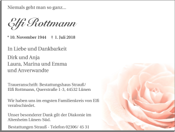 Traueranzeige von Elfi Rottmann von Lüner Anzeiger
