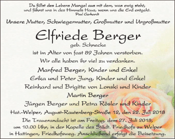 Traueranzeige von Elfriede Berger von Stadtspiegel Hattingen/Niedersprockhövel