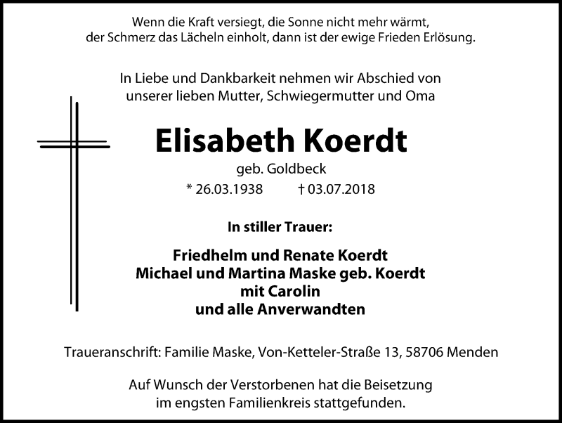  Traueranzeige für Elisabeth Koerdt vom 11.07.2018 aus Stadtspiegel Menden + Froendenberg