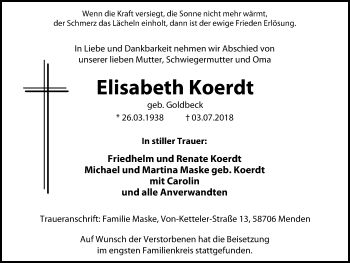 Traueranzeige von Elisabeth Koerdt von Stadtspiegel Menden + Froendenberg