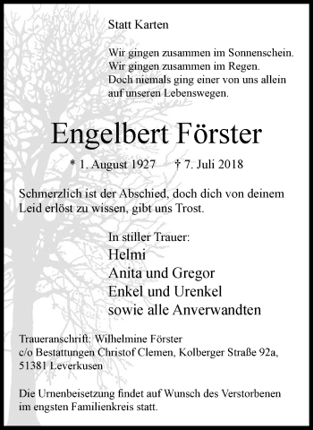 Traueranzeige von Engelbert Förster von Wochen-Anzeiger Langenfeld/Monheim/Hilden