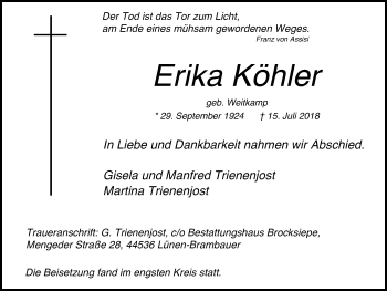 Traueranzeige von Erika Köhler von Lüner Anzeiger