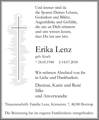 Traueranzeige von Erika Lenz von Stadtspiegel Bottrop