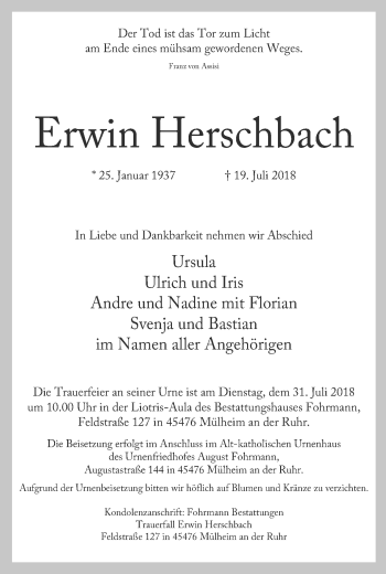 Traueranzeige von Erwin Herschbach von Wochen-Anzeiger Oberhausen