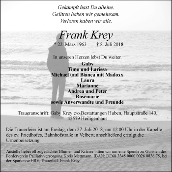 Traueranzeige von Frank Krey von Stadtanzeiger Velbert + Heiligenhaus