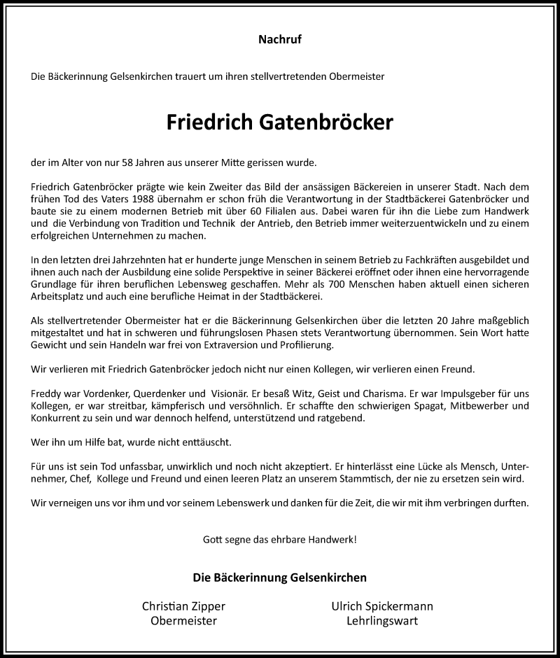  Traueranzeige für Friedrich Gatenbröcker vom 14.07.2018 aus Stadtspiegel Gelsenkirchen