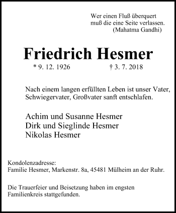 Traueranzeige von Friedrich Hesmer von Mülheimer Woche