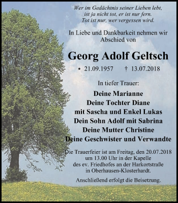 Traueranzeige von Georg Adolf Geltsch von Wochen-Anzeiger Oberhausen