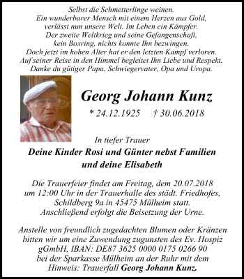 Traueranzeige von Georg Johann Kunz von Mülheimer Woche