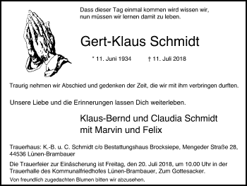 Traueranzeige von Gert-Klaus Schmidt von Lüner Anzeiger