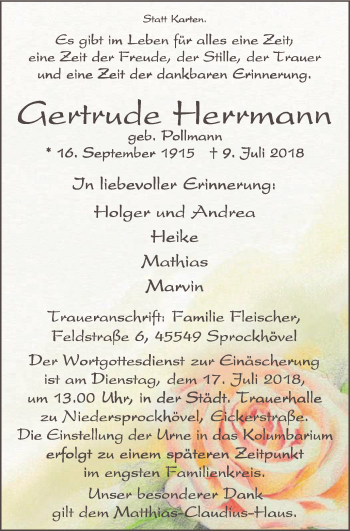 Traueranzeige von Gertrude Herrmann von Stadtspiegel Hattingen/Niedersprockhövel