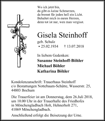 Traueranzeige von Gisela Steinhoff von Stadtspiegel Bochum + Wattenscheid
