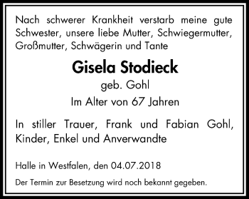 Traueranzeige von Gisela Stodieck von Stadtspiegel Hattingen/Niedersprockhövel
