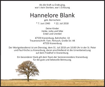 Traueranzeige von Hannelore Blank von Klever Wochenblatt